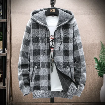 Warm Fleece Hoodie with Plaid Pattern - Image 3