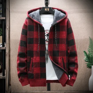 Warm Fleece Hoodie with Plaid Pattern