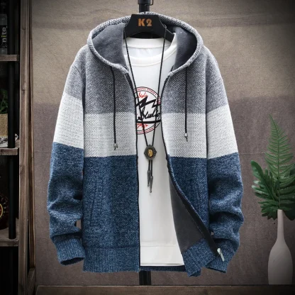Knitted Zip Hoodie with Stripe Pattern - Image 2