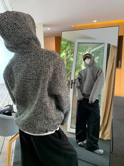 Pullover Knitted Hoodie with Open Pockets - Image 9