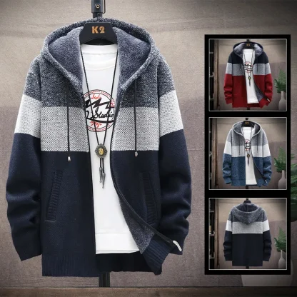 Knitted Zip Hoodie with Stripe Pattern - Image 4