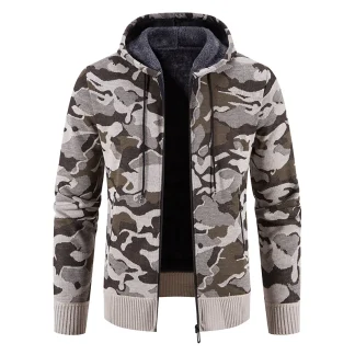 Drawstring Hoodie Jacket with Camo Print